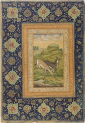 To hjorte i et landskab, School of Jahandir (farve og guld på papir)